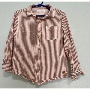 Zara Kids Boys Striped Button Down Shirt Size 6 Red White Long Sleeve Casual